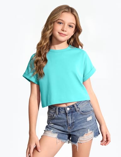 Image of Girls Crop Tops Short Sleeve T-Shirts for Girl Crew-Neck Basic Tee Size 7-14 Years