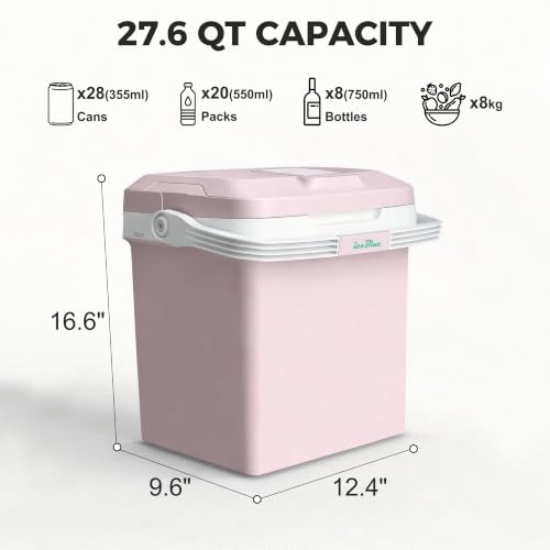 Image of Electric Cooler, 26 Liter Mini Fridge with Automatic Locking Handle (Pink) | Large Capacity Car Refrigerator, Dual-use Car Fridge, Portable Car Cooler for Picnic, Travel, Outdoor, Camping, Home, Gift