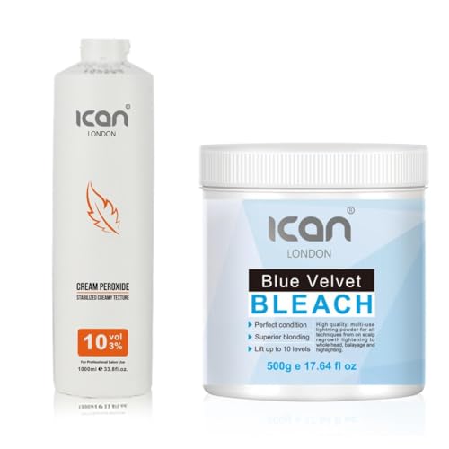 ICAN LONDON Professional Cream Peroxide 10 Vol 3%, 1000 ml + Dust Free Velvet Blue Powder Bleach, 500 g Set