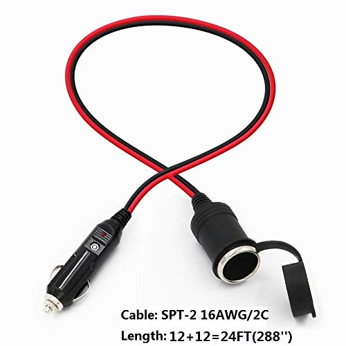 Image of 12V Cigarette Lighter Extension Cord 12FT -Car Charger Cigar Lighter Male Plug to Female Socket 16AWG Heavy Duty Extension Cable with LED Lights Extender for Air Compressor Pump and Tire Inflator 15A