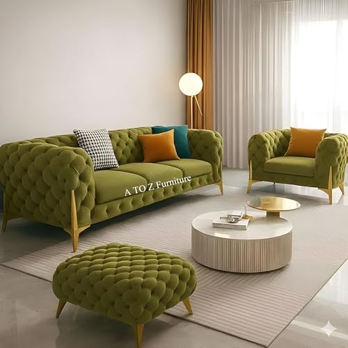Image of A to Z Furniture Modern Classic Fabric & Valvet Tufted Chesterfield Sofa Living Room and Office (3+1= 4 Seater Sofa Set with Footrest Olive Green)