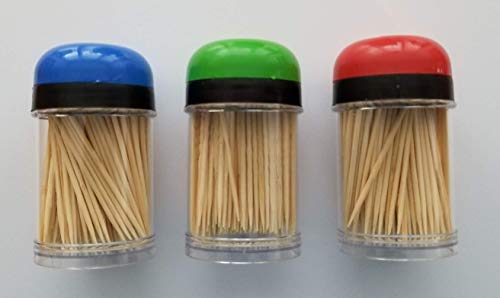 3-pack Toothpick Storage Containers with Dispenser Lids - Includes 300 Natural Wood Toothpicks (One 3-pack)