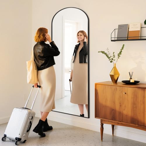 Image of DUMOS Arched Wall-Mounted Full Length Mirror 27 inchx71 inch for Bedroom, Full Body Floor Mirror with Stand, Hanging or Leaning for Wall, Black