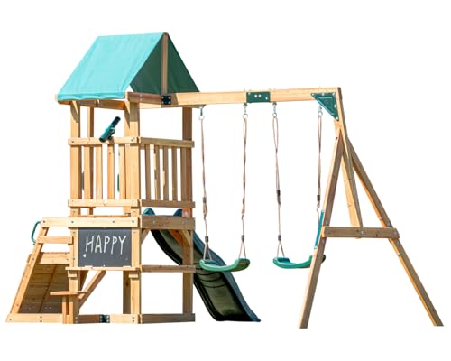 DOLPHIN PLAYGROUND T Schaukel Set mit 2 Schaukelsitzen, Klettergerüst, Tafel, Picknicktisch und Teleskop, Schweres Outdoor-Spielgerät aus Zedernholz für Kinder ab 3 Jahren