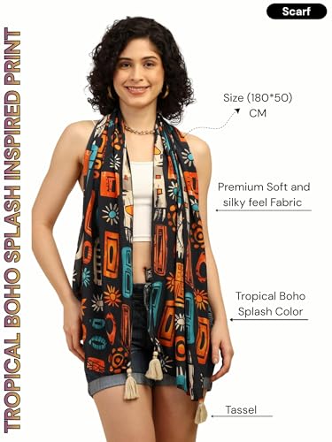Image of KE KANHA EXPORTS Scarf for Women Boho | Border Print Stylish | Stole for Women Breathable Summer Beach Wrap with Tassels | Multicolour |180 x 50 cm FREE Scrunchie Included
