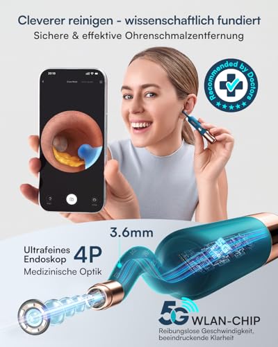 Bebird Pro Earsight Ultra Ohrenschmalz Entferner mit 5G-WLAN und 1080P-HD-Otoskop, Flexiblem Ohrreiniger mit Kamera und 30 Ersatzspitzen, Ohrenschmalz-Entfernungstropfer für Erwachsene,Kinder,iOS,Andr