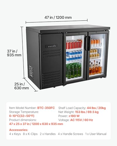 Image of VEVOR Back Bar Cooler, 11.8 Cu. Ft Counter Height Beverage Refrigerator, Commercial Display Fridge w / 2 Glass Doors, LED Lighting, Shelves, Fan Cooling Beer Wine Cooler for Pub, Merchandiser, Office
