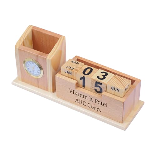 Image of Deskart Customized Multipurpose Pen Holder Stand | Premium Wooden Desk Organizer with Clock, Flip Calendar, Business Visiting Card and Mobile Holder