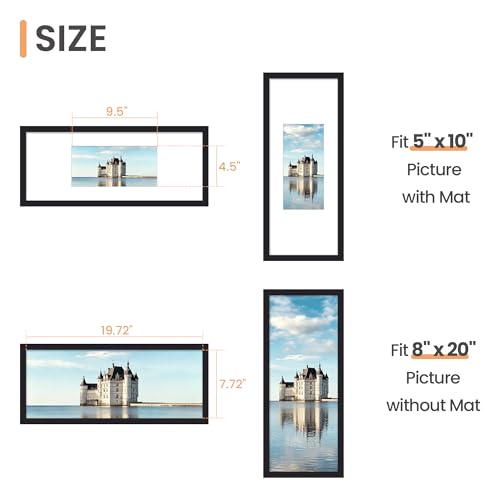Image of upsimples 8x20 Picture Frame, Display Pictures 5x10 with Mat or 8 x 20 Without, Wall Hanging Photo Frames, Black, 1 Pack