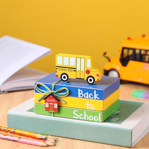 Image of Pinkunn 4 Pcs Back to School Table Decorations Wooden Bus Tray