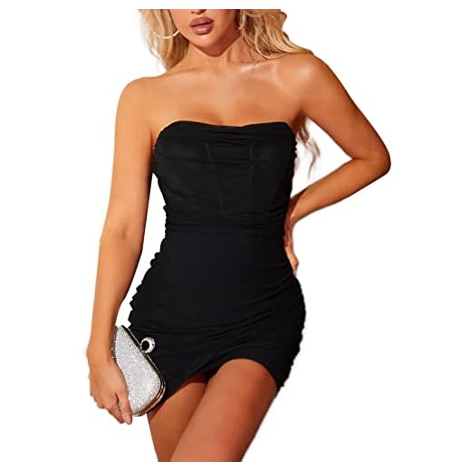 Sexy Off Shoulder Mesh Bodycon Corset Tube Dress Party Ruched Vintage Strapless Zipper Night Out Dresses for Women Black