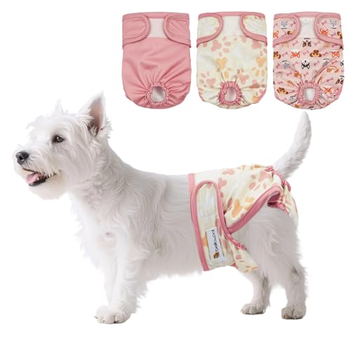BELLA & PAL Washable Dog Diapers Female, 3 Pack Highly Absorbent Dog Diapers for Small Dogs, Leak-Proof Puppy Diapers for Female Dog in Heat, Period (XS (7-10" Waist), Bones & Claws & Solid Color)