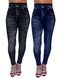 CLOYA Women's Denim Print Fake Jeans Seamless Full Length Leggings (Large/XL, Blue/Black Bundle)