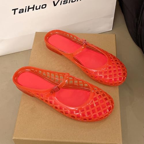 Image of Jelly Mesh Ballet Flats for Women Clear Hollow Jelly Shoes Sandals Round Toe Non-Slip Beach Ballerina Jellies Flats Shoes