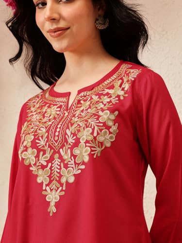 Image of QAZMI Women's Naila Kashmiri Aari Embroidered Viscose Rayon Full Sleeves A-Line Short Kurti