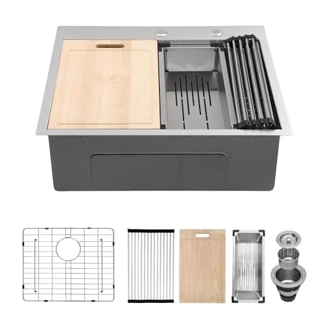 25 Inch Drop In Kitchen Sink - GhomeG 25x22 Inch kitchen sink with Workstation 16 Gauge Stainless Steel Topmount Bar Sink & Rv sink with R10 Round Corners Cover