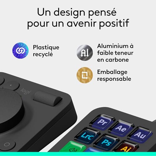 Logitech MX Creative Console, keypad programmable avec 9 touches LCD personnalisables et molette de commande pour la conception graphique, le montage vidéo, la photographie - Graphite
