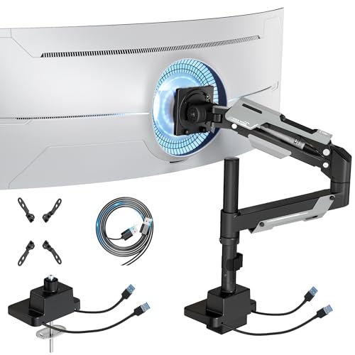 ARES WING Single Monitor Mount with USB, Ultrawide Monitor Arm for 24 to 57 Inch Heavy Duty Curved Screen, Adjustable Gas Spring Monitors Arm Stand up to 66LBS with 75/100/200 Vesa Mount, Black