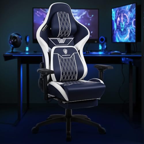 Image of Dowinx Gaming Chair with Footrest, Ergonomic Computer Chair with Comfortable Headrest and Lumbar Support, Game Office Chair for Adults Pu Leather High Back, 350LBS, Blue