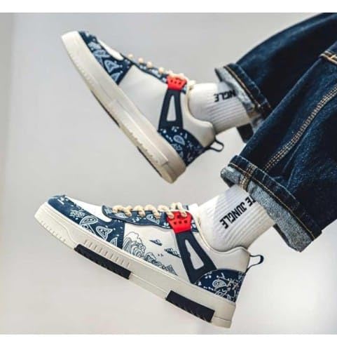 Image of azalya Artistic Wave Print Sneakers, Black and White, Platform Style with Orange Accents Korean Retro Style Comfortable Printed Sneaker Shoes for Men.