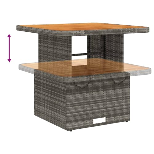 KNERPWD Poly Rattan Acacia Wood Outdoor Garden Table, 80x80x71 cm Dining Table for Patio, Adjustable Lift-Top Coffee with Steel Frame, Grey - Image 4