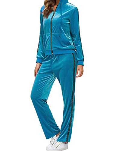 Snoly Conjunto de moletom feminino de veludo veludo, dois conjuntos de moletom, agasalhos, lounge, ativos, Azul, X-Large