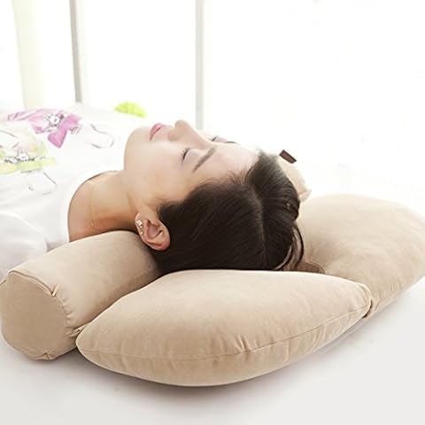 Cervical Round Roll Bed Sleeping Pillow Neck Pain Relief Headrest Support With Organic Buckwheat Hypoallergenic Orthopedic Bolster For Side,Back and Stomach Sleeper,Linear Traction, 23"x14.6" Beige Cover