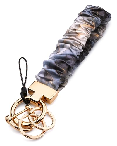 Handlein Black Gray Marble Scrunchie Keychain Wristlet, Cute Stretch Key