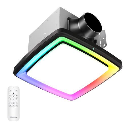 Image of Akicon Bathroom Exhaust Fan with RGB Light, 110 CFM 1.5 Sones Bathroom Vent Fan with Humidity Sensor & Dimmable 3CCT LED Light, Square, Black, No Wall Switch Required