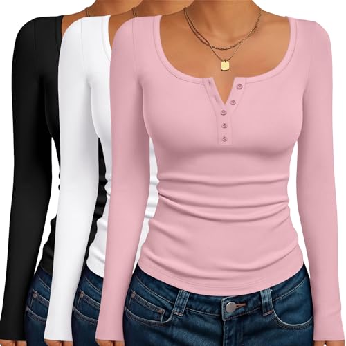 Ekouaer Women's Long Sleeve Henley T Shirts 3 Packs Fall Button Slim Fit Tops Basic Base Layer Soft Thermal Undershirts