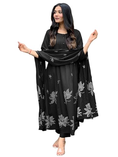 GoSriKi Women's Rayon Viscose Anarkali Printed Kurta with Pant & Dupatta