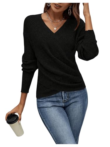 Image of SOLY HUX Women's V Neck Long Sleeve Off Shoulder Sweaters Criss Cross Wrap Ruched Pullover Fall Tops