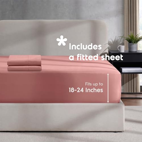 Image of Hearth & Harbor Pink Clay Duvet Cover with Fitted Sheet Full Size | 4 Piece Soft Double Brushed Bedding Set, Button Closure, 1 Duvet Cover 80x90 Inches, 1 Fitted Sheet, 2 Pillow Shams