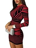 ORANDESIGNE Femme Robe Crayon Courte Elastique à Manche Longue Robe Moulante Col Rondo Slim Skinny Robe de Soirée Plaid Rouge Mini Robe F Rouge L