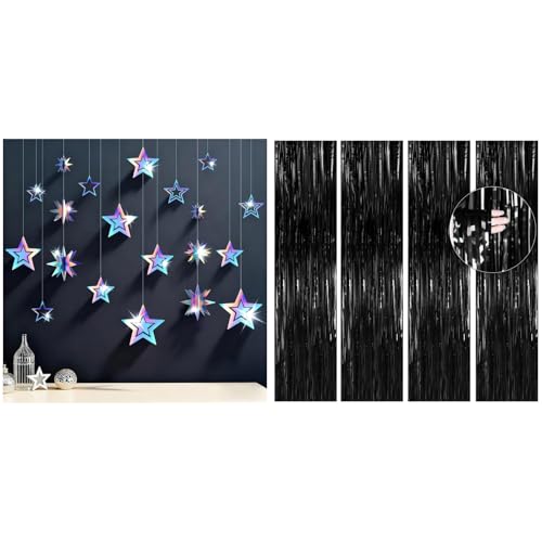 BTSD-home Bundle of Iridescent Star Garland Decorations 14 Mixed 3D