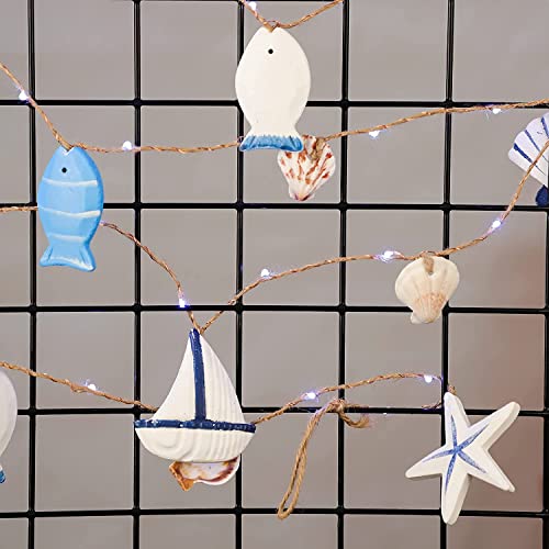 Flavcharm Nautical String Lights 10Ft 30Leds With 20 Big Fish Sailboat Starfish Shells Decorations And Hemp Rope Battery/Usb Operated For Ocean Themed Decor Mermaid Party Coast Room Decor #TOP5