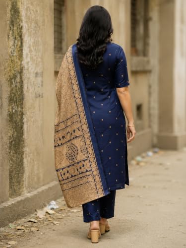 Image of GoSriKi Kurta Set Women Viscose Printed | Kurti Set Woman | Kurta Pant Dupatta 3 Piece Outfit | V-Neck Elbow Length Sleeve Straight Fit Ethnic Wear Ladies Dress Stylish Traditional Clothing