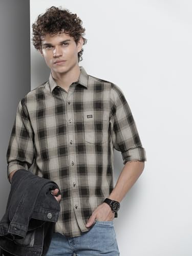 The Indian Garage Co Men's Cotton Slim Fit Checkered Full Sleeves Spread Collar Casual Shirt