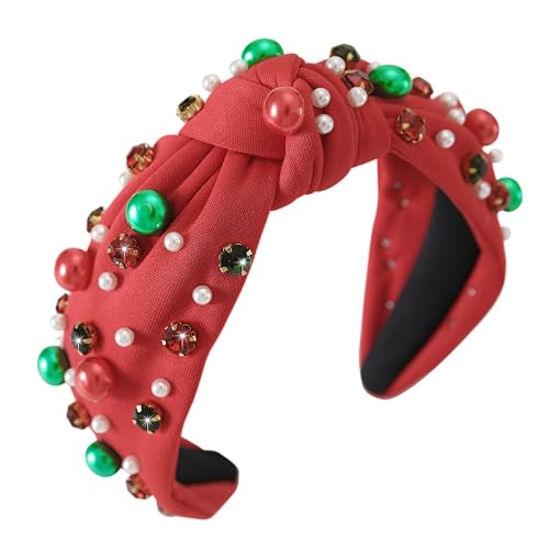Gmmidea Christmas Pearl Knotted Headbands for Women Non Slip Rhinestone Jewel Headband Cross Knot Wide Ladies Embellished Headband Fancy Headpiece Hair Accessories Red-B
