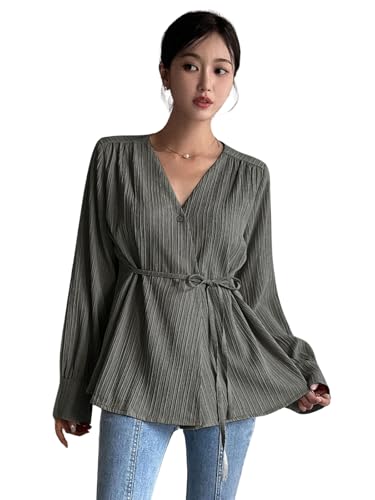 Leriya Fashion Women's V-Neck Pleated Tunic Top - Long Sleeve Dra...