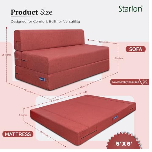 Image of Starlon 3 Seater Foldable Sofa Cum Bed 3-in-1 with Washable Jute Fabric Cover, Space Saving Guest Bed for Living Room & Apartment, Pre-Assembled Royal Maroon 5x6.5 Ft