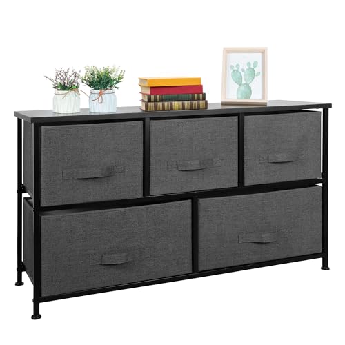 SUPER DEAL Wide Dresser for Bedroom, 5 Drawer Fabric Storage Organizer Chest Heavy Duty Steel Frame Wood Top for Kids Toys Livingroom Closet Nursery Hallway, Dark Grey