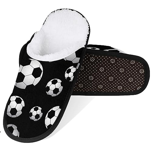 Tavisto Black White Soccer Balls Cozy Plush Lined Slippers - Cute Designs, Durable & Non-Slip Soles - Women's & Men's Indoor House Slippers_M2