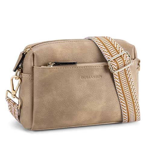 Image of BOSTANTEN Small Crossbody Purse for Women Triple Zip Cell Phone Leather Handbag with Colored Shoulder Strap