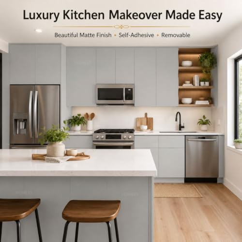Image of HOME13 Grey Wallpaper Grey Peel and Stick Matte Wallpaper Removable Decorative Self Adhesive Wallpaper Vinyl Wall Sticker for Shelf Liner Kitchen Cabinet Table Door(20x80 Inch)