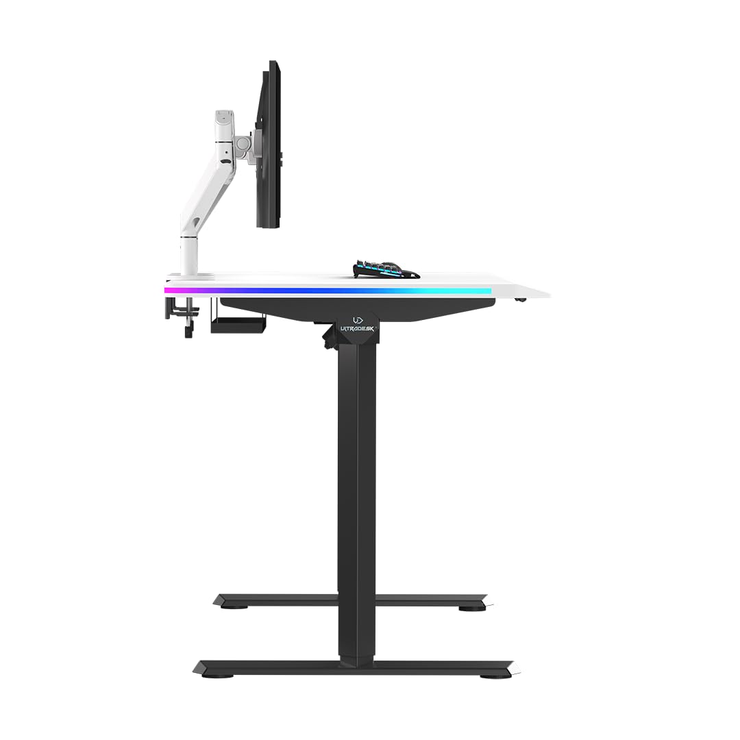 Ultradesk – Bureau Gaming Électrique avec Réglage Assis-Debout, LED RGB Prismatic, Meuble Bureau Idéal pour Gamer, Setup Gaming - Quest Black - L 140 cm, P 70 cm, H 72-120 cm - Blanc