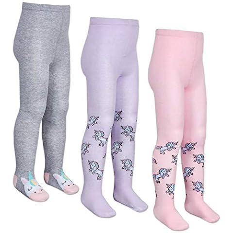 Girls Childrens 3 Pairs Design Tights Unicorn Cotton Rich Pink Colourful 2-3 Cover