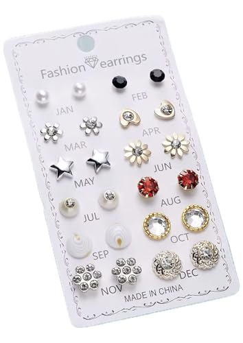 Image of 12 Pairs Trendy Stud Earrings Set with Crystal and Pearl, Heart, Flower, Star and Geometric Styles