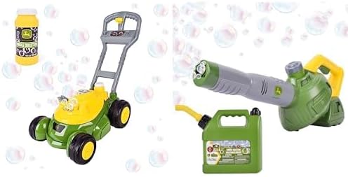 John Deere Kids Outdoor Bubble Play Set - Push Bubble Lawn Mower (2+) and Bubble Leaf Blower with 24oz Refill Gas Can (3+)