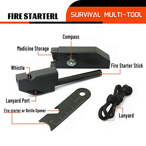 Tijeyi Magnesium Fire Starter Survival Tool 6-In-1 Flint And Steel Survival Kit Black Ferro Rods Fire Striker Emergency Whistle Hiking Compass Waterproof Camping Essentials #TOP2